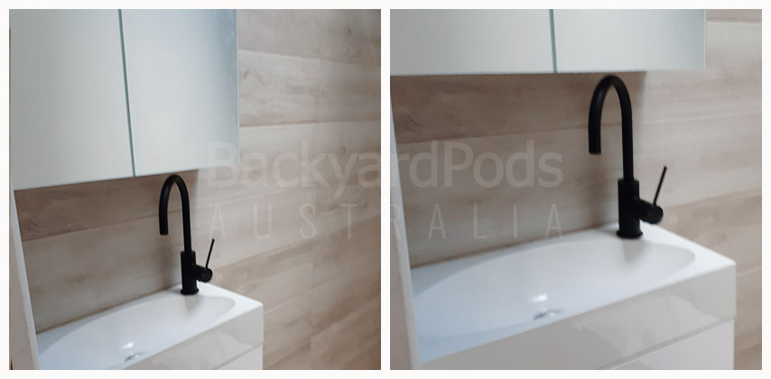 Backyard Pods - modern walk-in bathroom - vanity